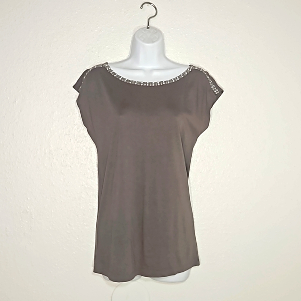 Loft gray boat neck pull over top with clear shiny sequins and beads Med